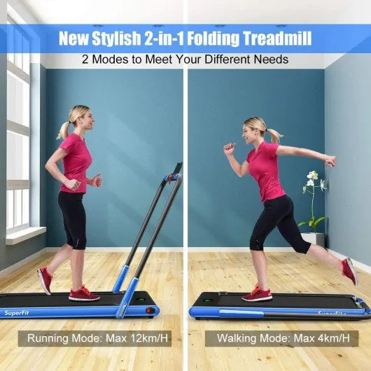 2-in-1 Folding Treadmill with RC Bluetooth Speaker LED Display-Blue