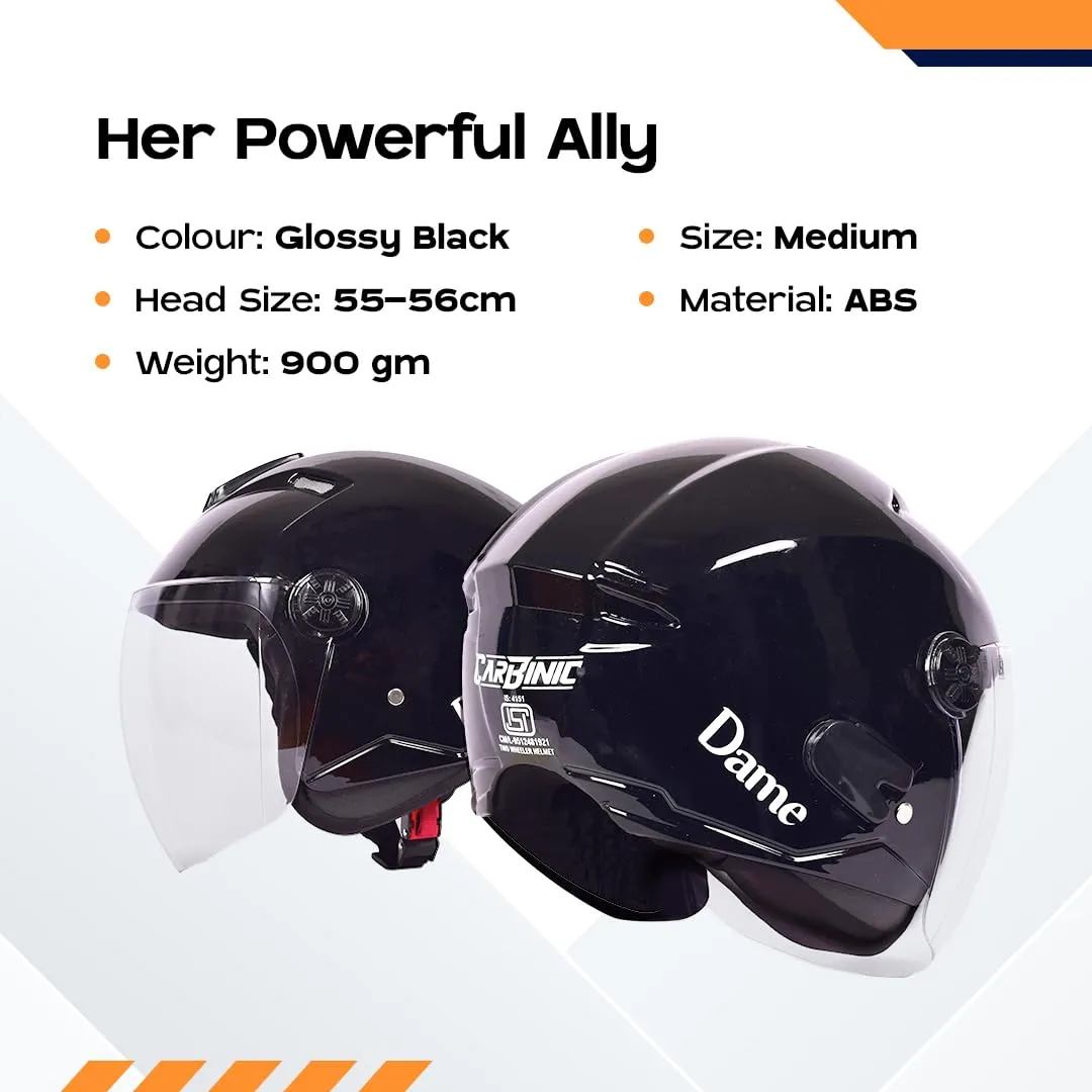 CARBINIC Dame Series Half Face Helmet for Women | ISI Certified | Clear & Scratch Resistant Visor | Lightweight & Stylish | Medium | Glossy Black