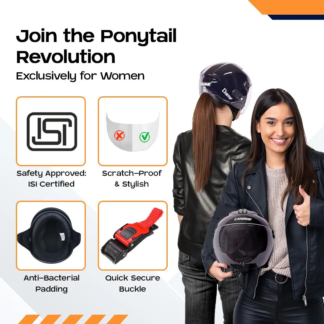 CARBINIC Dame Series Half Face Helmet for Women | ISI Certified | Clear & Scratch Resistant Visor | Lightweight & Stylish | Medium | Glossy Black