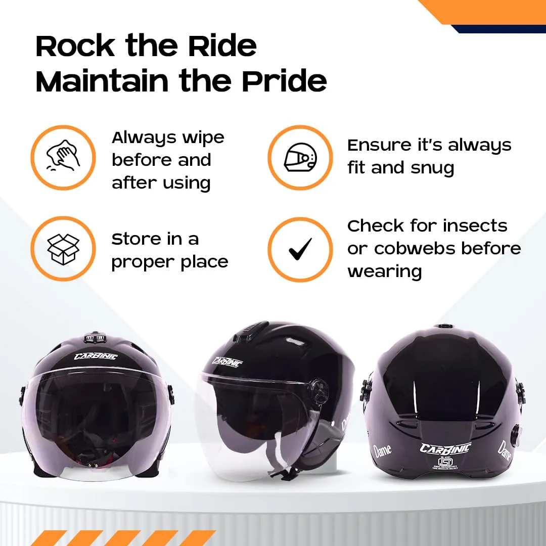 CARBINIC Dame Series Half Face Helmet for Women | ISI Certified | Clear & Scratch Resistant Visor | Lightweight & Stylish | Medium | Glossy Black