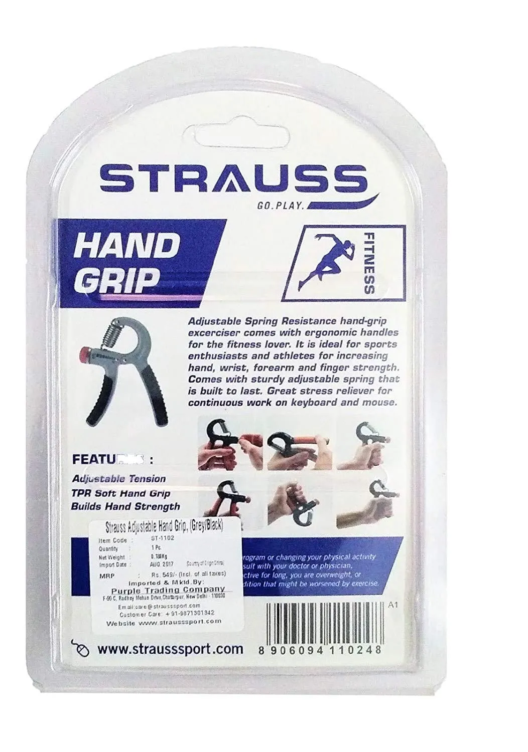 Strauss Adjustable Hand Grip | Adjustable Resistance (10KG - 40KG) | Hand Gripper for Home & Gym Workouts | Perfect for Finger & Forearm Hand Exercises for Men & Women (Black/Grey)
