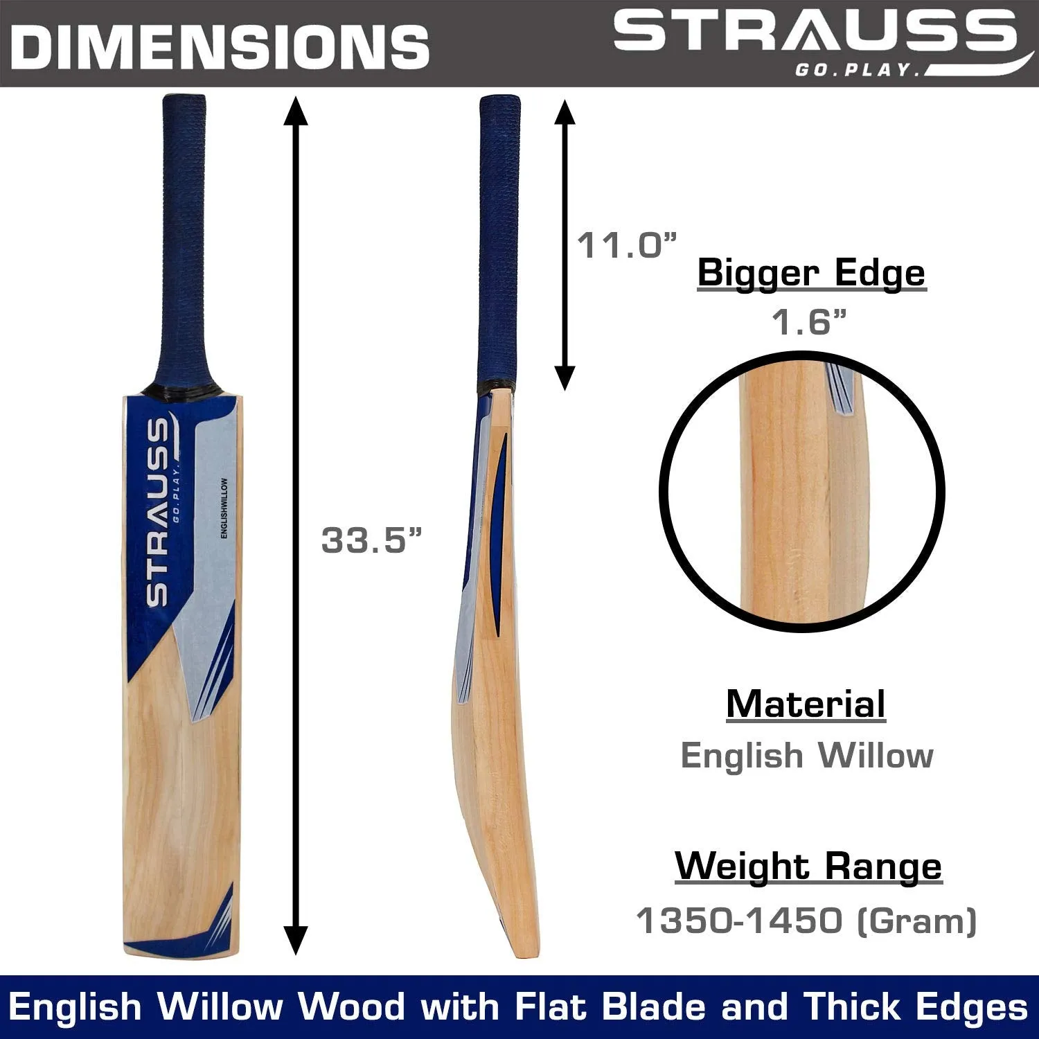 Strauss Cricket Bat | Edition: 11000 | English Willow | Size: Short Handle | Premium Leather Ball Cricket Bat
