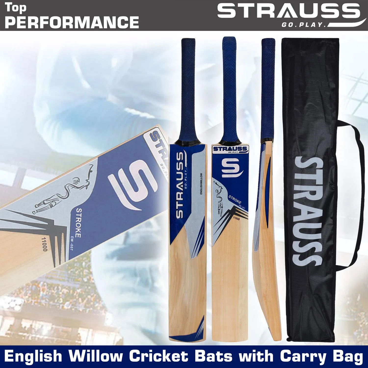 Strauss Cricket Bat | Edition: 11000 | English Willow | Size: Short Handle | Premium Leather Ball Cricket Bat