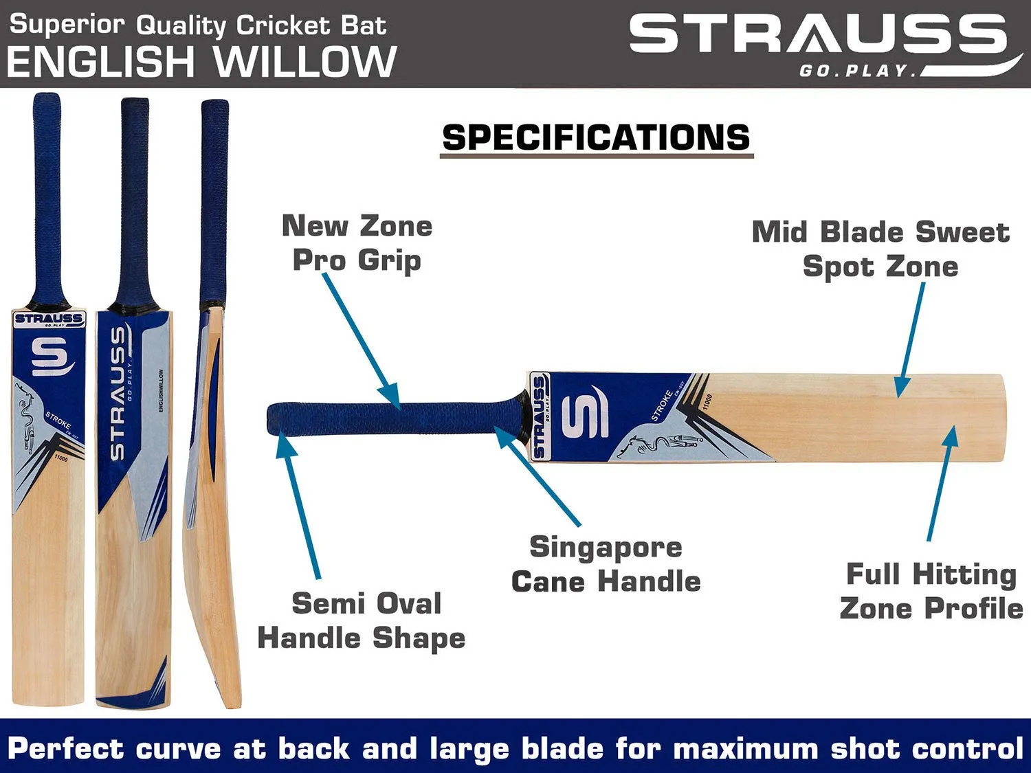 Strauss Cricket Bat | Edition: 11000 | English Willow | Size: Short Handle | Premium Leather Ball Cricket Bat